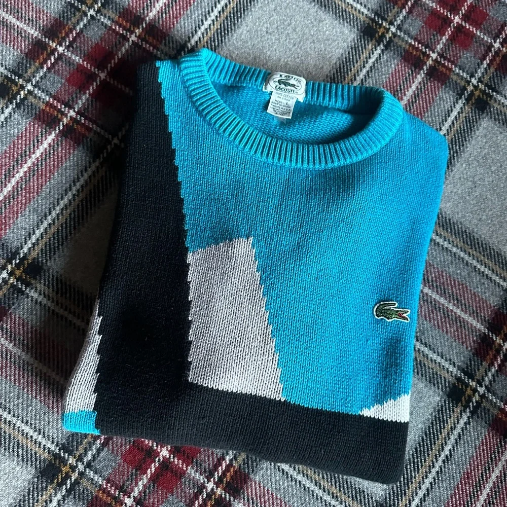 LACOSTE 🐊 Men’s Vintage Blue & Black Geometric All Cotton LS Sweater - Size LG - Picture 1 of 12